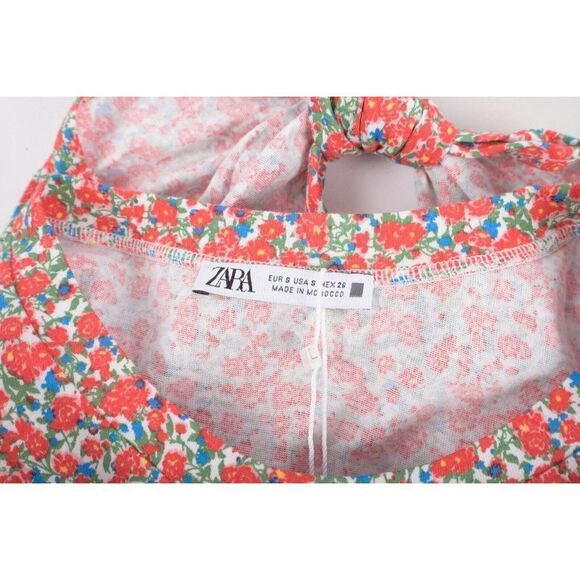 Zara Womens Knotted Crop Top S Front Tie Red Multi-Color Floral 0264/191 NWT - Picture 6 of 6